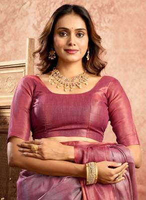 Magenta tissue silk saree with weave border and blouse 3