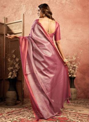 Magenta tissue silk saree with weave border and blouse 4