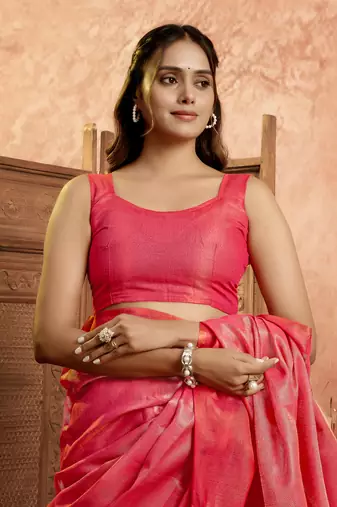 Red tissue silk saree with weave border and blouse