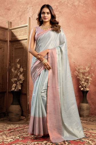 sky blue tissue silk saree with weave border and blouse