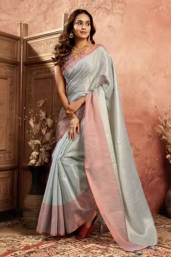 sky blue tissue silk saree with weave border and blouse