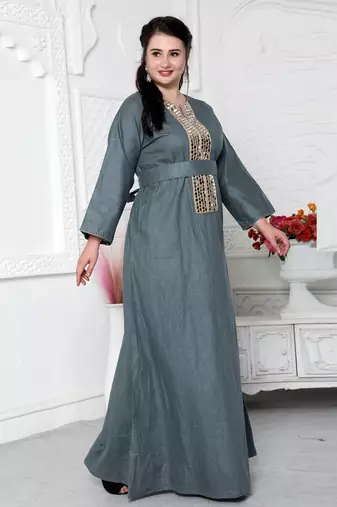 Aabla Work Mirror Finish Jalabiya Kaftan For Women