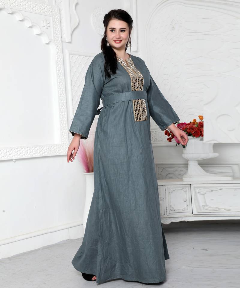 Aabla Work Mirror Finish Jalabiya Kaftan For Women