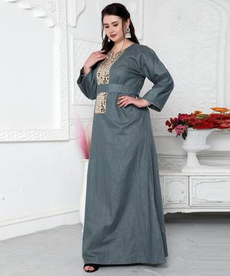Aabla Work Mirror Finish Jalabiya Kaftan For Women 3