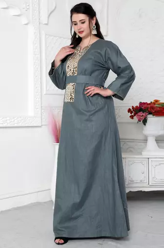 Aabla Work Mirror Finish Jalabiya Kaftan For Women