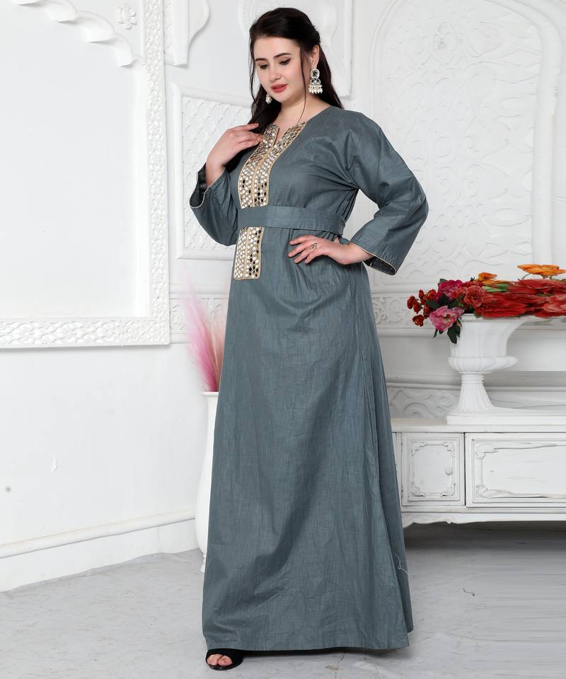 Aabla Work Mirror Finish Jalabiya Kaftan For Women