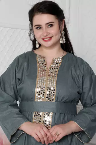 Aabla Work Mirror Finish Jalabiya Kaftan For Women