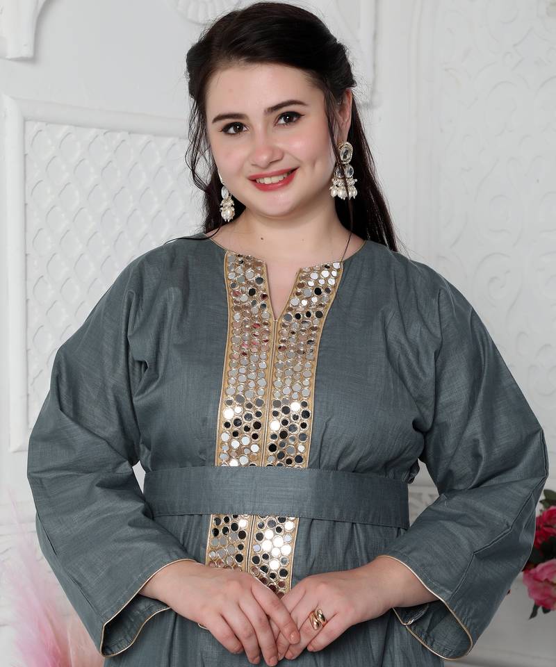 Aabla Work Mirror Finish Jalabiya Kaftan For Women