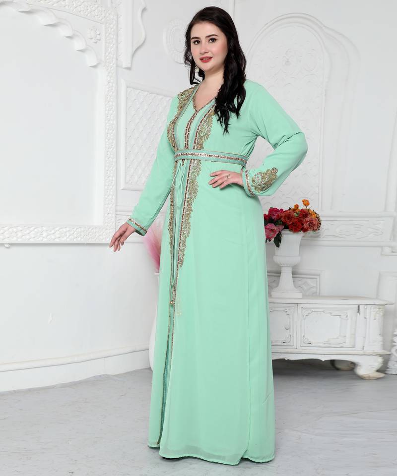 Arabic Style Kaftan With Crystal Hand Embroidery