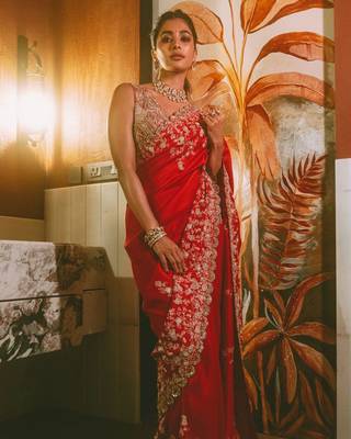 Red Heavy Embroidered Rangoli Silk blend Saree 2