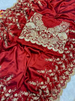 Red Heavy Embroidered Rangoli Silk blend Saree 3