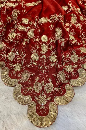 Red Heavy Embroidered Rangoli Silk blend Saree