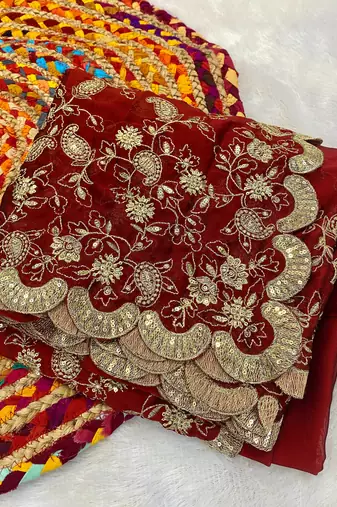 Red Heavy Embroidered Rangoli Silk blend Saree