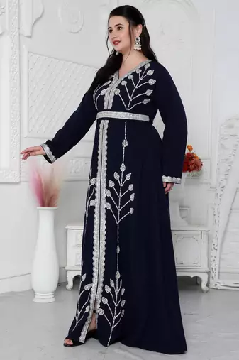 Navy Blue Kaftan With Hand Embroidery And Cut Dana