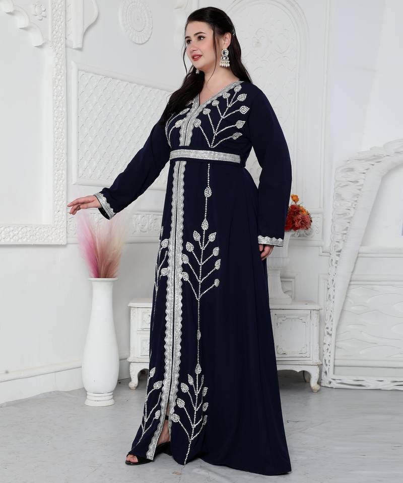 Navy Blue Kaftan With Hand Embroidery And Cut Dana