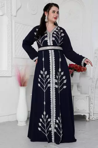 Navy Blue Kaftan With Hand Embroidery And Cut Dana