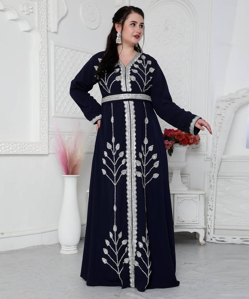 Navy Blue Kaftan With Hand Embroidery And Cut Dana