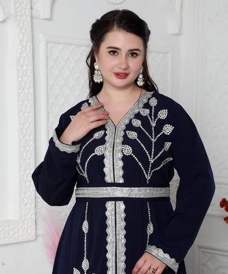 Navy Blue Kaftan With Hand Embroidery And Cut Dana 4