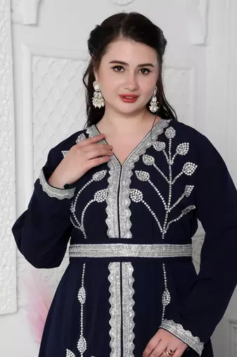 Navy Blue Kaftan With Hand Embroidery And Cut Dana