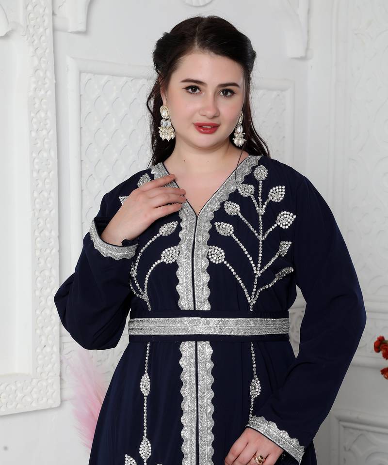 Navy Blue Kaftan With Hand Embroidery And Cut Dana