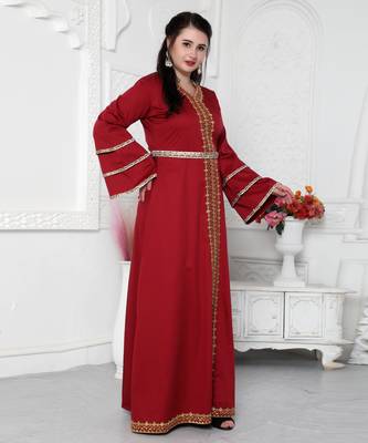 Red Jalabiya Kaftan with Gold Embroidery Double Flaired Sleeve 1