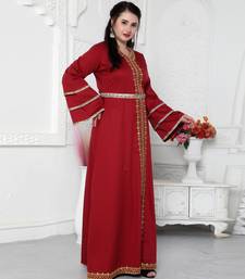 Red Jalabiya Kaftan with Gold Embroidery Double Flaired Sleeve