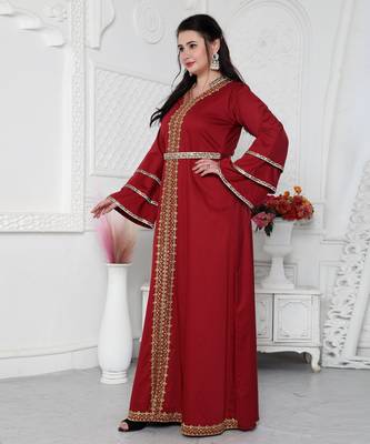 Red Jalabiya Kaftan with Gold Embroidery Double Flaired Sleeve 2