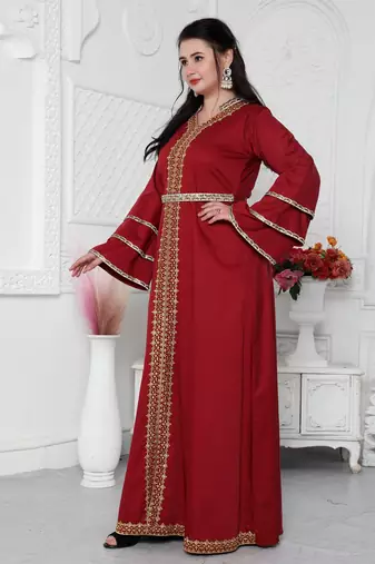 Red Jalabiya Kaftan with Gold Embroidery Double Flaired Sleeve