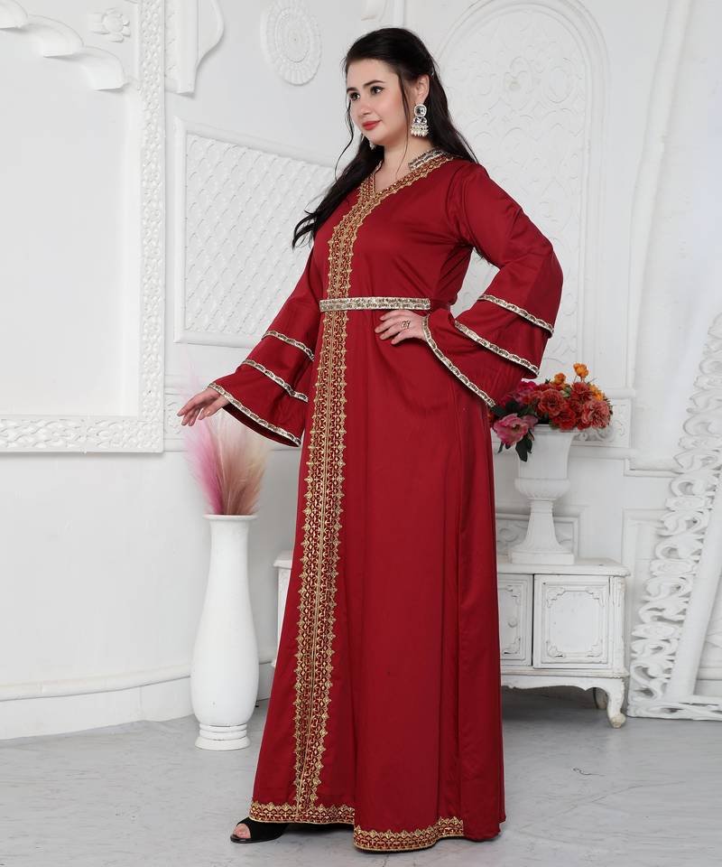 Red Jalabiya Kaftan with Gold Embroidery Double Flaired Sleeve