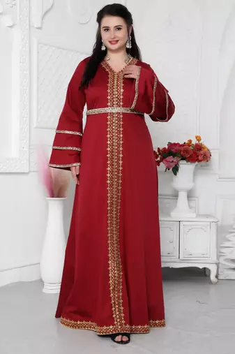 Red Jalabiya Kaftan with Gold Embroidery Double Flaired Sleeve