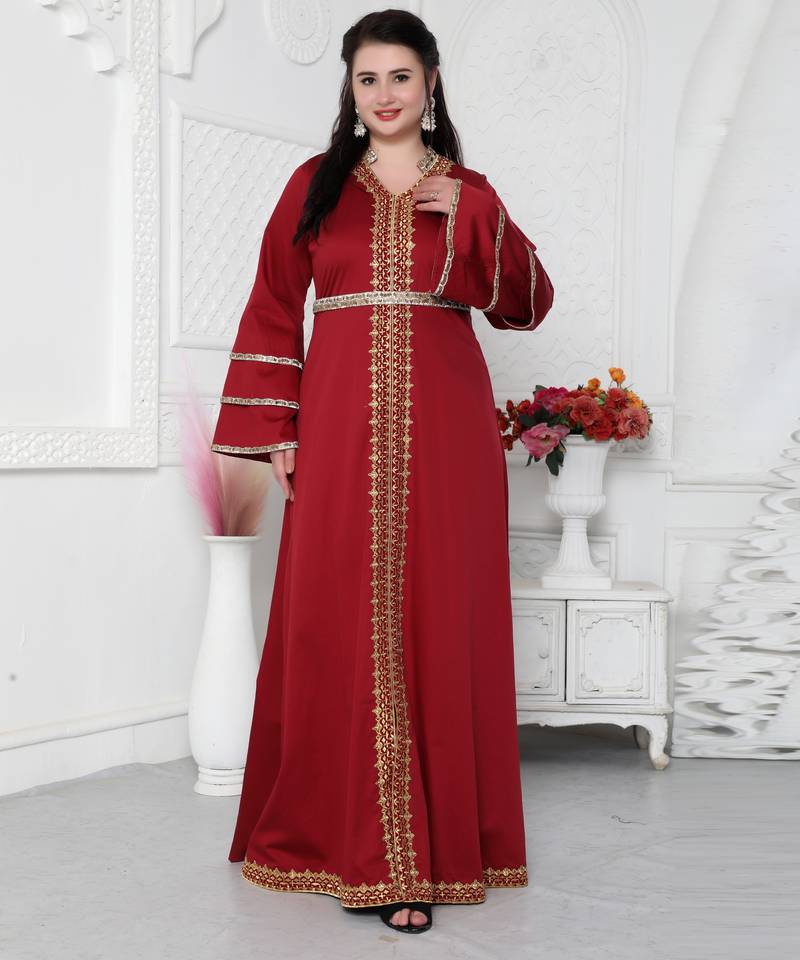 Red Jalabiya Kaftan with Gold Embroidery Double Flaired Sleeve
