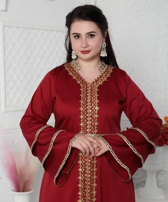 Red Jalabiya Kaftan with Gold Embroidery Double Flaired Sleeve 4