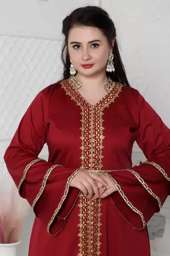 Red Jalabiya Kaftan with Gold Embroidery Double Flaired Sleeve