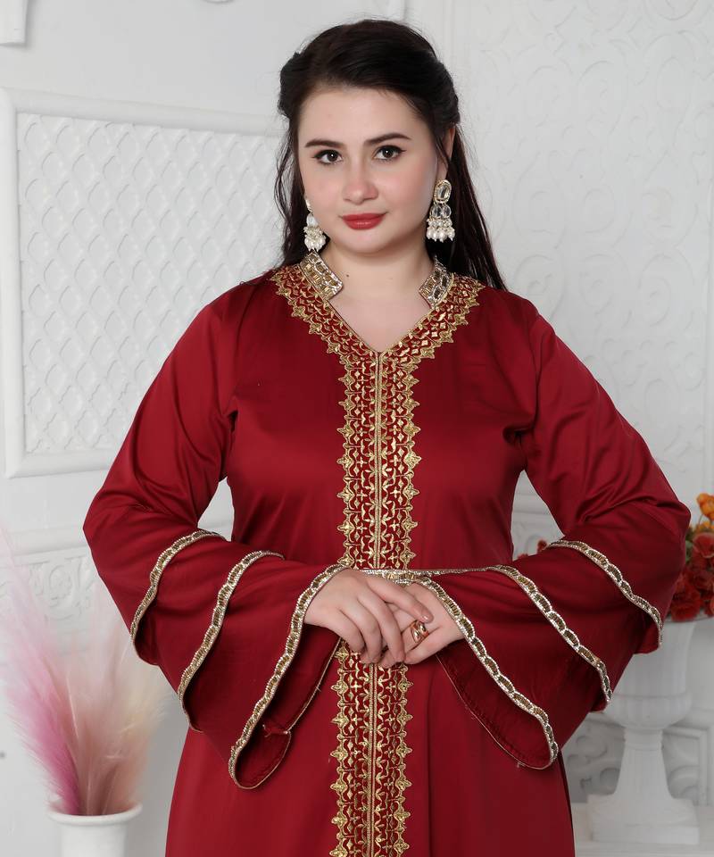Red Jalabiya Kaftan with Gold Embroidery Double Flaired Sleeve