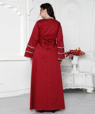 Red Jalabiya Kaftan with Gold Embroidery Double Flaired Sleeve 5