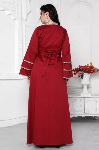 Red Jalabiya Kaftan with Gold Embroidery Double Flaired Sleeve