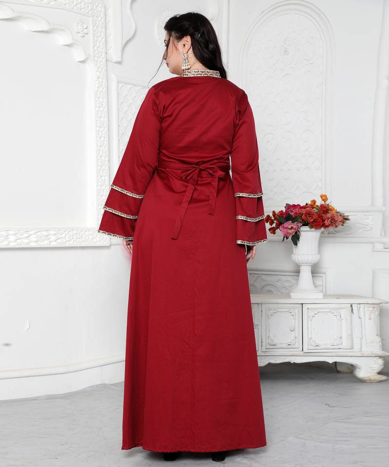 Red Jalabiya Kaftan with Gold Embroidery Double Flaired Sleeve