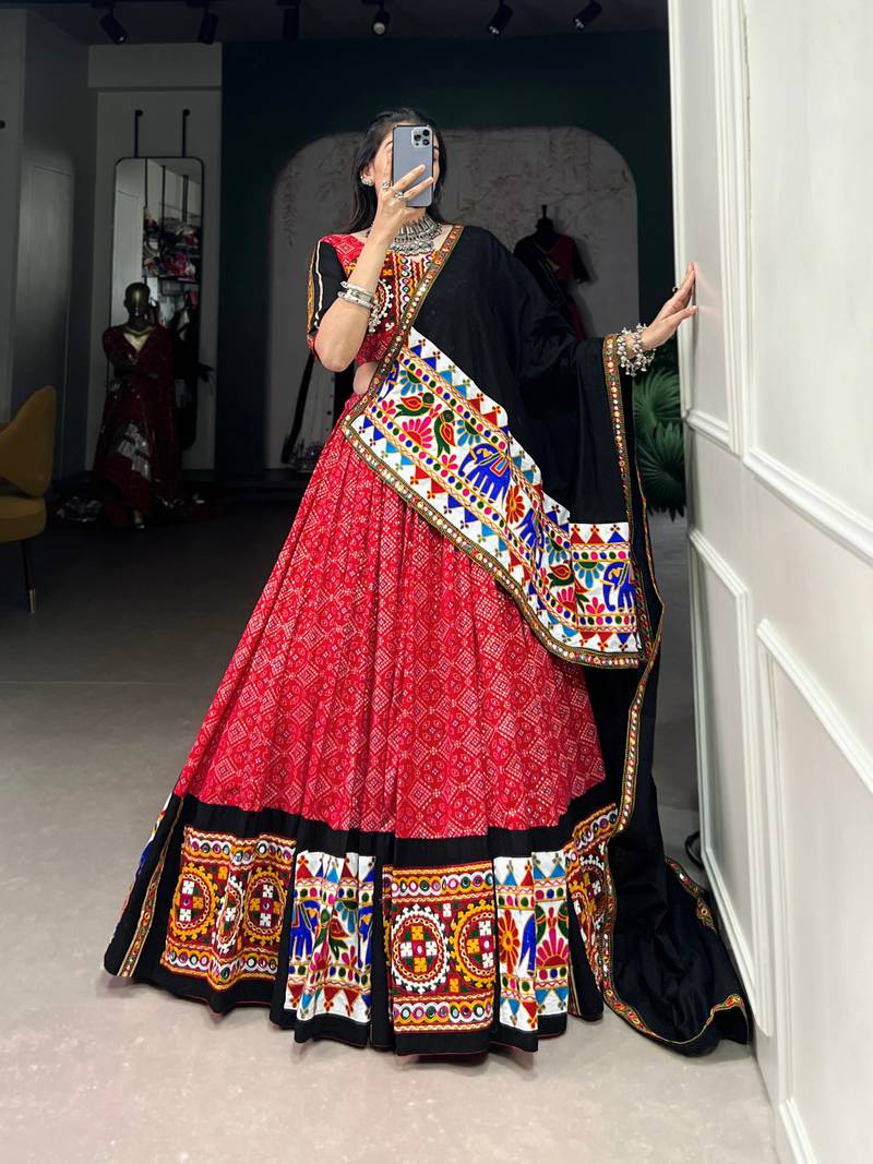 Red Bandhani Mirror Work Cotton Full Stitch Lehenga Choli 