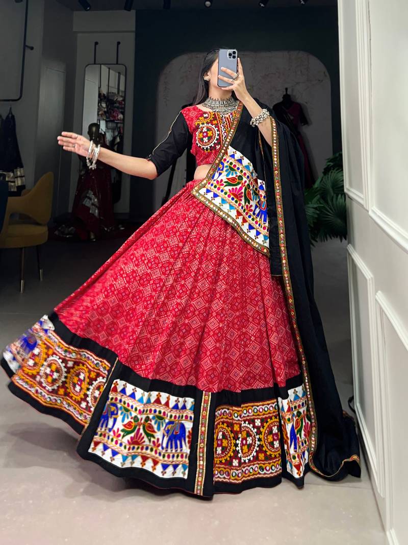 Red Bandhani Mirror Work Cotton Full Stitch Lehenga Choli 