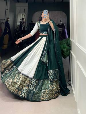Green & White mirror work full stitched lehenga choli set 3