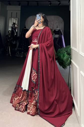 Maroon & White Mirror Work Full Stitched Lehenga Choli Set