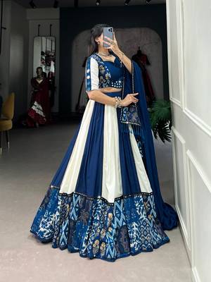 Blue & White Full Stitched Mirror Work Lehenga Choli Set 3