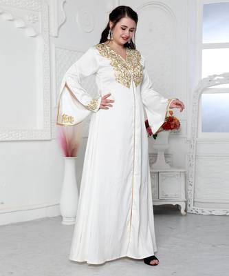Royal Kaftan Dress In White With Gold Threadwork Embroidery 1