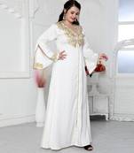 Royal Kaftan Dress In White With Gold Threadwork Embroidery