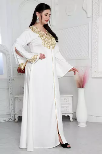Royal Kaftan Dress In White With Gold Threadwork Embroidery