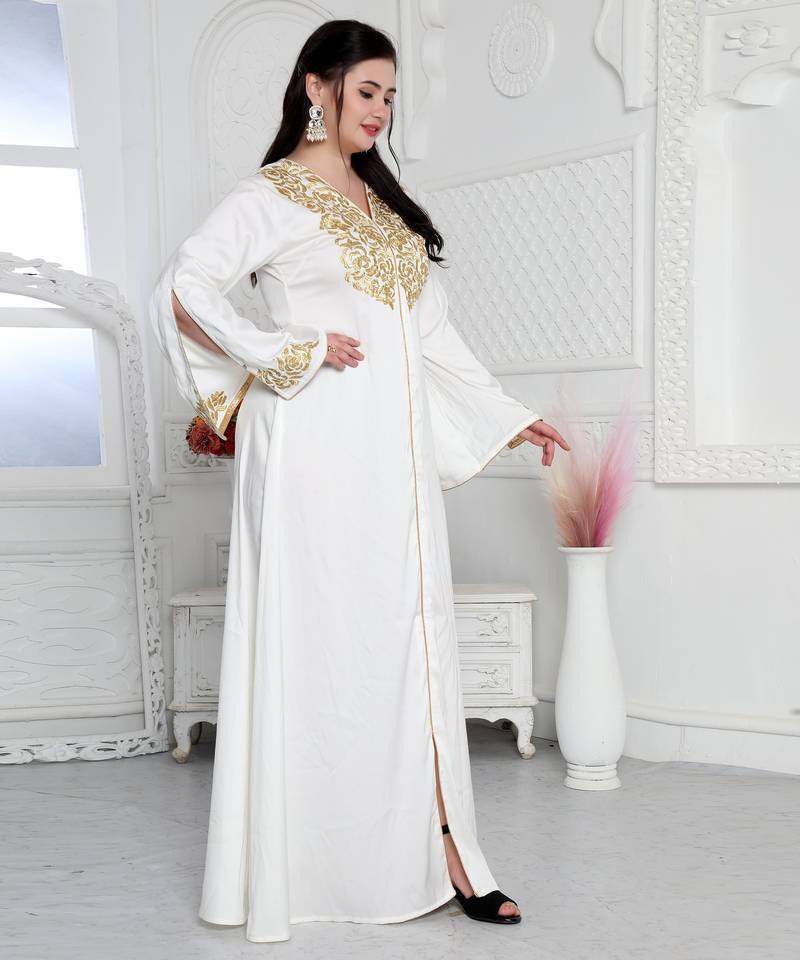 Royal Kaftan Dress In White With Gold Threadwork Embroidery