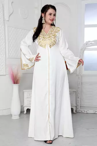 Royal Kaftan Dress In White With Gold Threadwork Embroidery