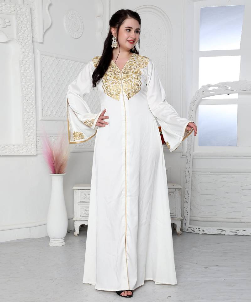 Royal Kaftan Dress In White With Gold Threadwork Embroidery