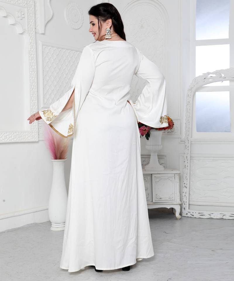 Royal Kaftan Dress In White With Gold Threadwork Embroidery