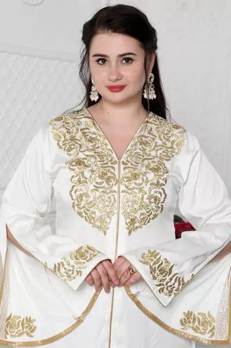 Royal Kaftan Dress In White With Gold Threadwork Embroidery
